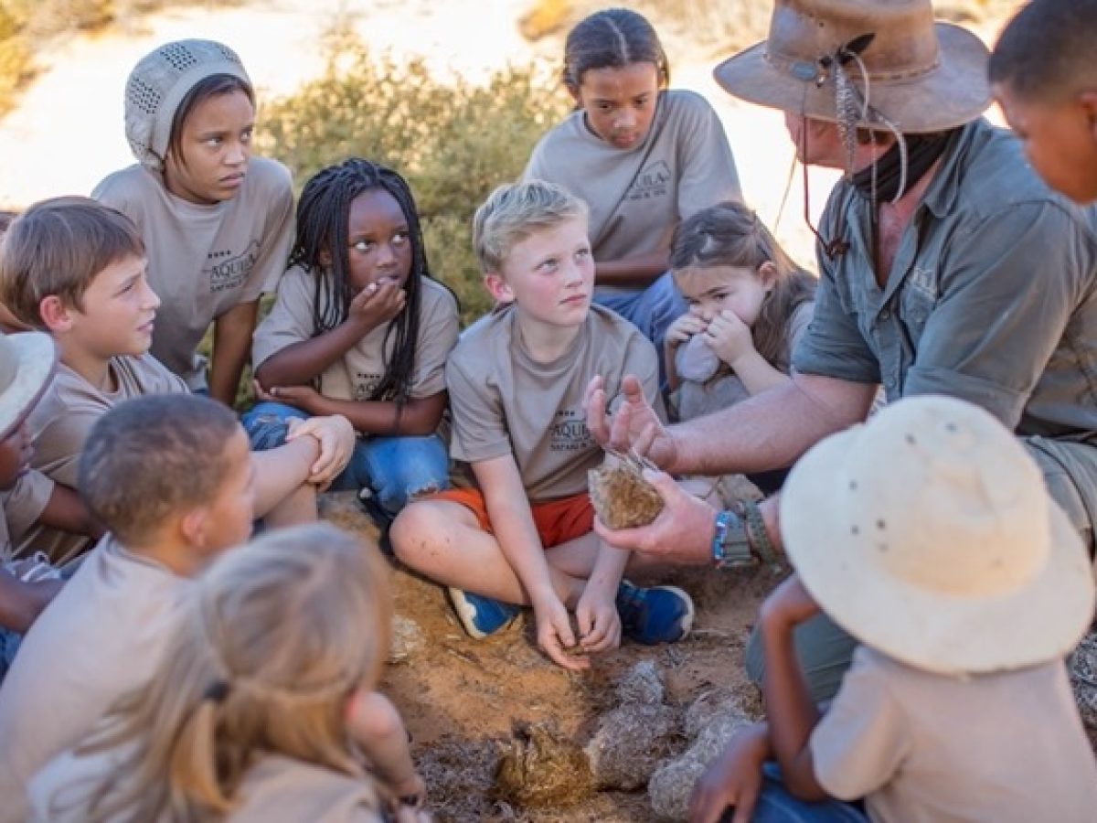 Children grouped around a ranger as they study and learn about rocks in the Karoo: Read Aquila's children policy for more info